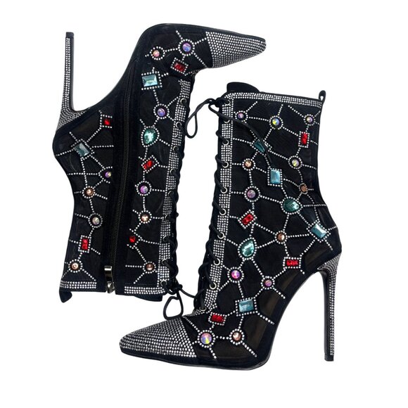 Azalea Wang Diamond Dream Lace Up Gem Black Mesh Jewel Booties Size 8 Ladies - Picture 16 of 16